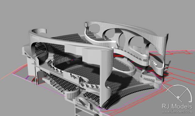 戲曲中心建筑模型的大小為1230mm X 830mm X 590mm ，歷時(shí)1個(gè)月制成。戲曲中心的外觀別樹(shù)一格，糅合了傳統(tǒng)與現(xiàn)代元素，整體屬于流線型設(shè)計(jì)，外觀如同舞臺(tái)簾幕一般。從建筑模型的設(shè)計(jì)中觀看，▲戲曲中心的結(jié)構(gòu)為流線外型和內(nèi)部空間， 呈現(xiàn)出「氣」的概念。。